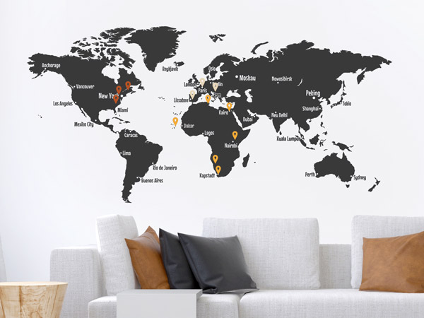 Wandtattoo Afrika Weltkarte mit Pins