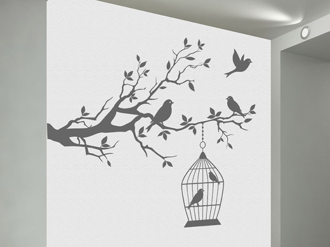 Wandtattoo Dekorativer Ast mit Vogelk�fig