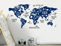 Wandtattoo Weltkarte mit Tieren Blau Grau