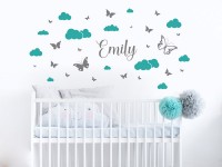 Wandtattoo Baby Wolken und Schmetterlinge mit Name