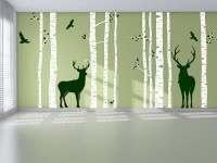 Wandtattoo Birkenwald mit Hirschen auf grüner Wand