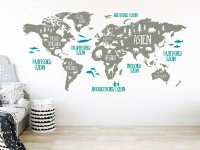 Wandtattoo Weltkarte mit Tieren Grau Türkis