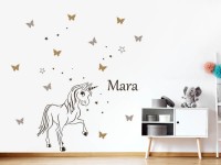 Wandtattoo Zauber Pony mit Wunschname und Schmetterlingen