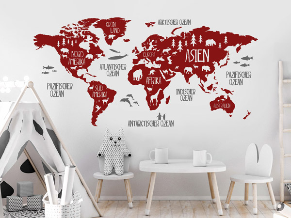 Wandtattoo Weltkarte mit Tieren Rot Grau
