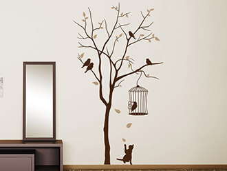 Wandtattoo Katze unterm Baum mit Vogelkäfig