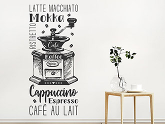 Wandtattoo Kaffeemühle mit Kaffeesorten