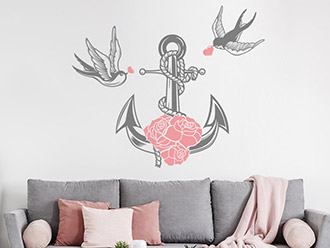 Wandtattoo Anker mit Schwalben und Rosen