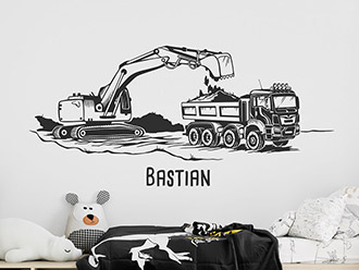 Wandtattoo Bagger und LKW Baustelle