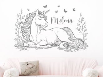 Wandtattoo Einhorn mit Name und Schmetterlingen