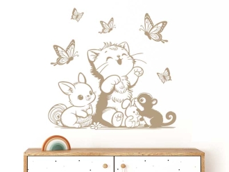 Wandtattoo Katze mit Häschen und Schmetterlingen
