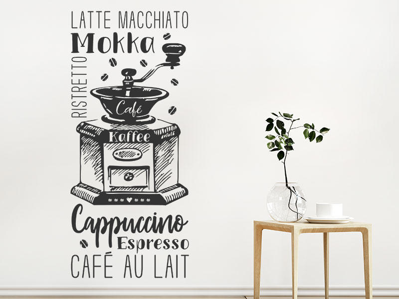 Wandtattoo Kaffeemühle mit Kaffeesorten