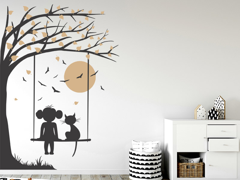 Wandtattoo Baum mit Schaukel, Mädchen und Katze
