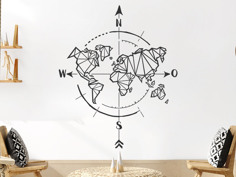 Wandtattoo Kompass mit Weltkarte