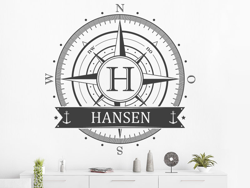 Wandtattoo Kompass mit Buchstabe und Name