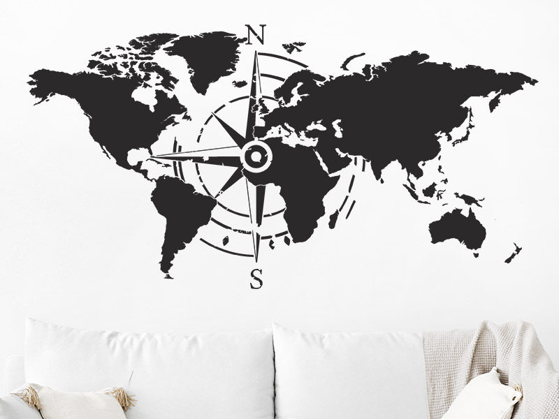 Große Weltkarte Kompass Erde Klassenzimmer Weltkarte globale Erkundung Abenteuer Wandtattoo Vinyl Dekoration A2 76x42cm 