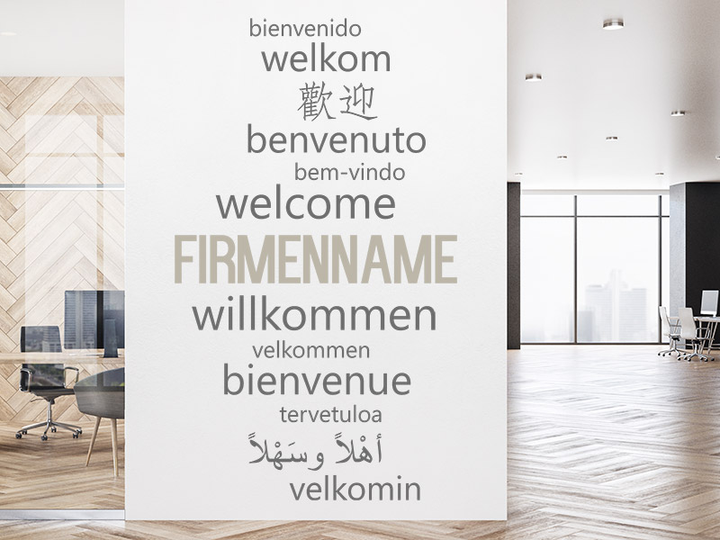 Wandtattoo Willkommen International mit Firmenname