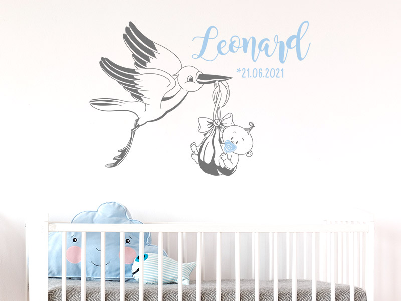 Wandtattoo Klapperstorch mit Baby und Name