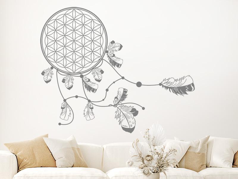 Wandtattoo Boho Lebensblume mit Federn