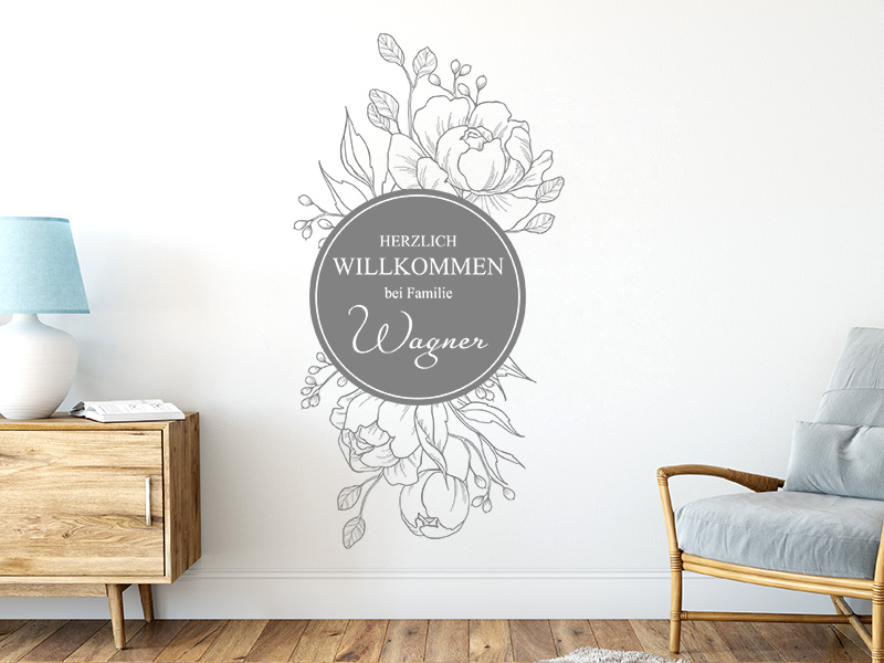 Wandtattoo Florales Willkommen mit Familienname