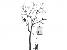 Wandtattoo Katze unterm Baum mit Vogelkäfig Motivansicht