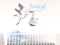 Wandtattoo Klapperstorch mit Baby und Name