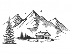 Wandtattoo Berglandschaft mit Almhütte Motivansicht