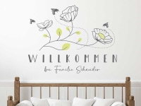 Wandtattoo Willkommen mit Blumen und Bienen