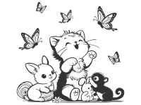 Wandtattoo Katze mit Häschen und Schmetterlingen Motivansicht