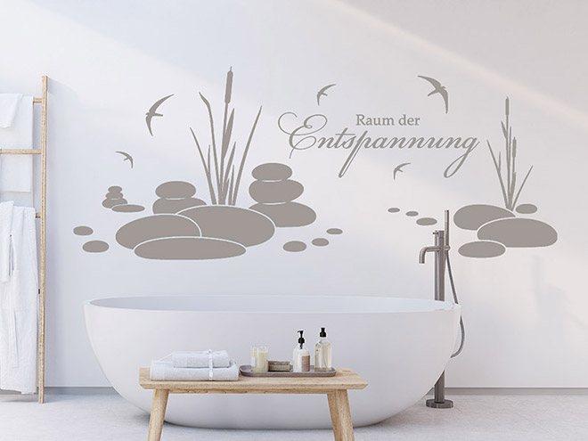 Raum-der-Entspannung-Wandtattoo mit Steinen und Schilf über einer Badewanne